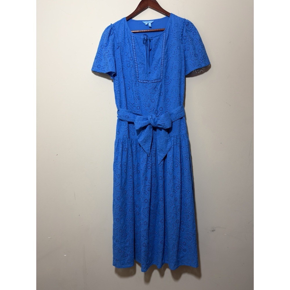 Draper James Blue‎ Eyelet Midi Dress M 100% Cotton Lined Belted Cottagecore